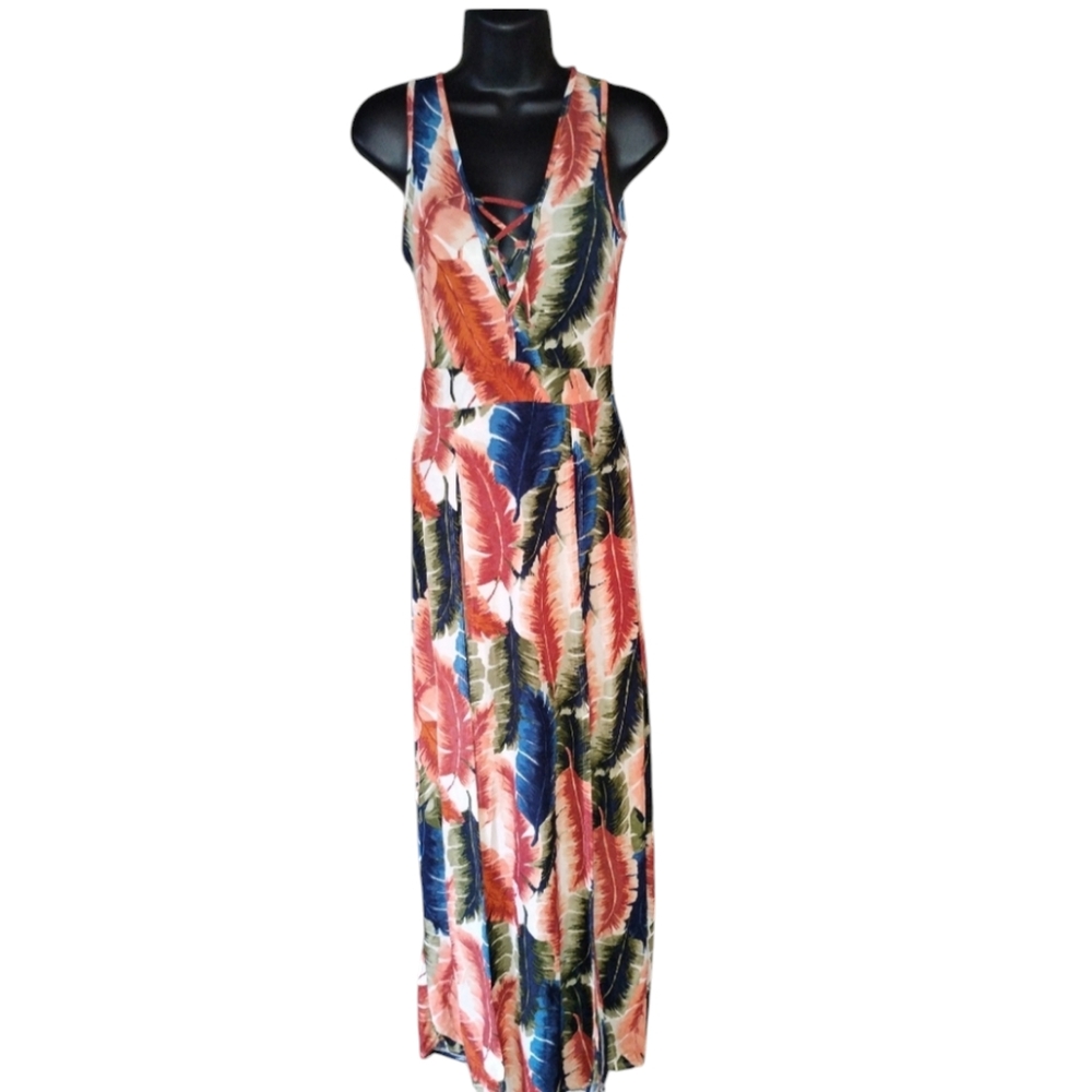 Iris maxi dress slits in front with underskirt, size small Tropical Pattern NWT